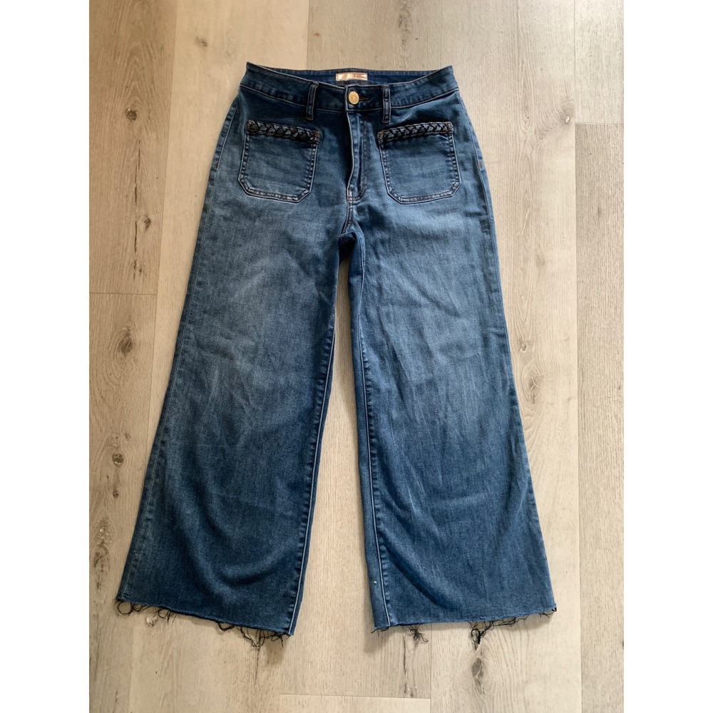 Kut from the Kloth Meg Wide Leg Jeans Blue Braided Pocket Raw Hem Womens 4